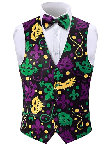 Roseelf Mens Mardi Gras Suit Vest Masquerade Beaded Pattern Fleur De Lis Casual V-Neck Waistcoat with Bow Tie Beaded Mask X-Large
