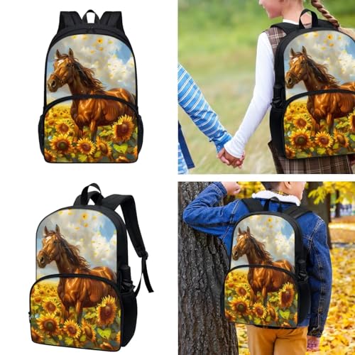 Gomyblomy Sunflower Horse Backpack for Girls Backpacks with Lunch Box Set 3 in 1 Girls School Bag Ages 8-10 10-12 12-14 Kids Bookbag 3rd Grade Back Pack Lightweight Travel Rucksack for Teens3