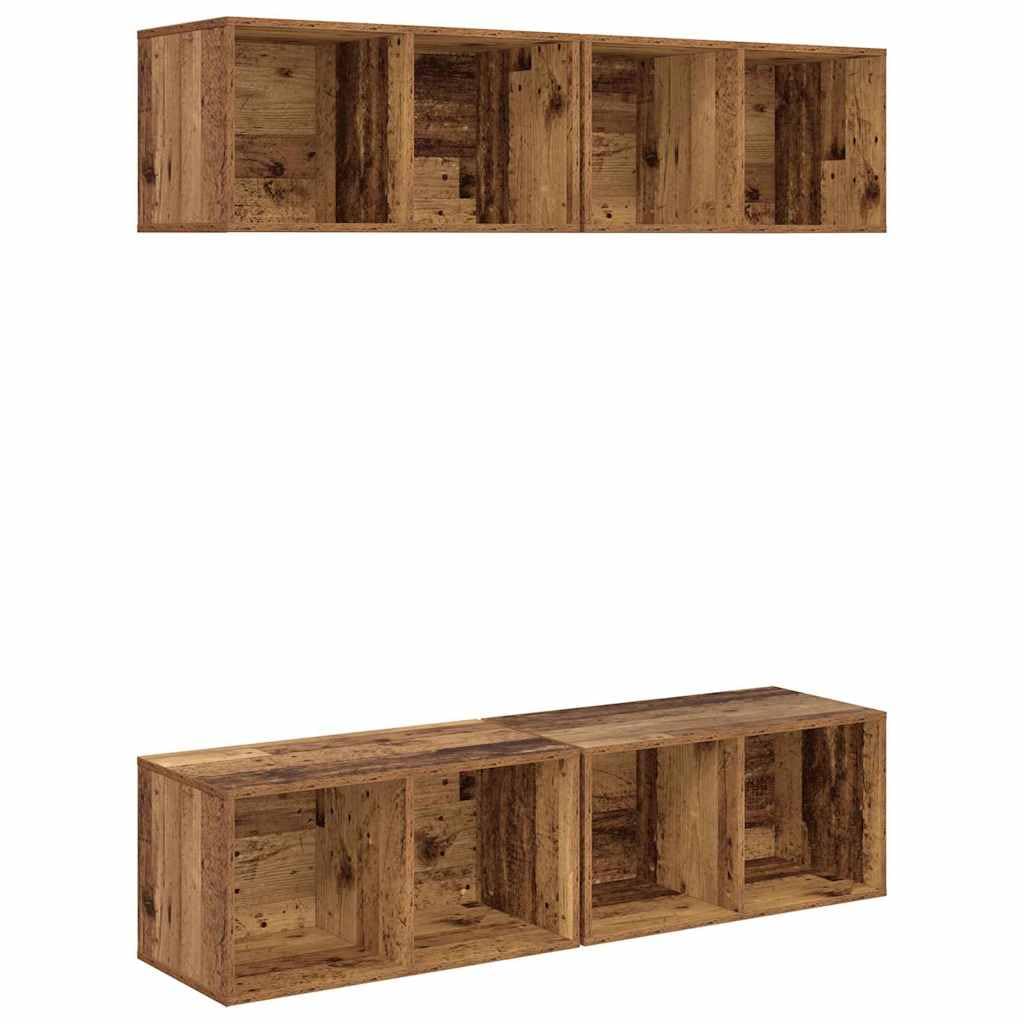 TV-Schrankset Altholz Optik, 4-teilig, 37x37x72 cm, Holzwerkstoff, Wandmontage, Media Center für Wohnzimmer, Schlafzimmer