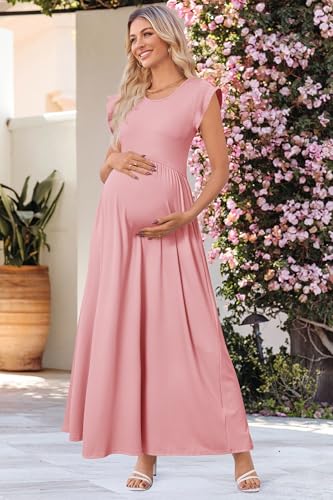 Image of OUGES Women's Maternity Dress Summer Ruffle Sleeve Patchwork Casual Flowy Maxi Dresses with Pockets