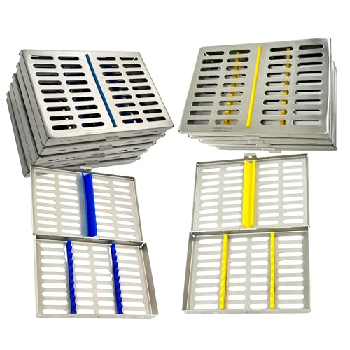 7in x 5.5in x 1.25in Sterilization Cassette Boxes, Fits 10 Instruments Each, Dental & Veterinary Instrument Sterilization - Heavy Duty, German Steel (Blue + Yellow)