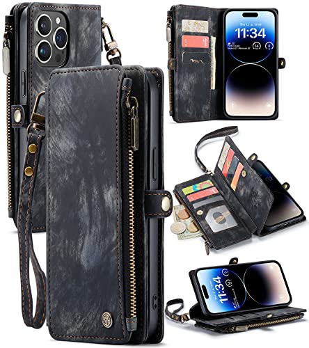 Defencase for iPhone 14 Pro Max Case, for iPhone 14 Pro Max Case Wallet for Women Men, Durable PU Leather Magnetic Buckle Flip Strap Zipper Card Holder Phone Cases for iPhone 14 Pro Max [6.7