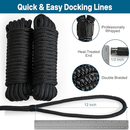 Image of 4 Pack 1 /2 inch x 15' Boat Dock Lines for Boat & Pontoon, Premium Marine- Grade Double Braided Nylon Dock Line, Pre-Spliced with a 12 inch Eyelet-Black,Boating Gifts for Men