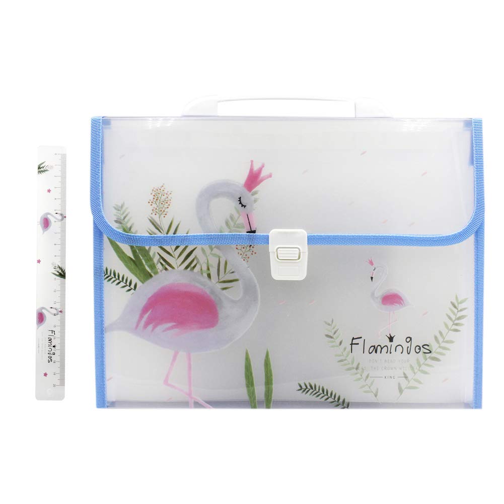 Cuddty Multi-Colored Flamingo Pattern A4 Document Pocket Paper Expanding File Folder Pouch for Girls Students