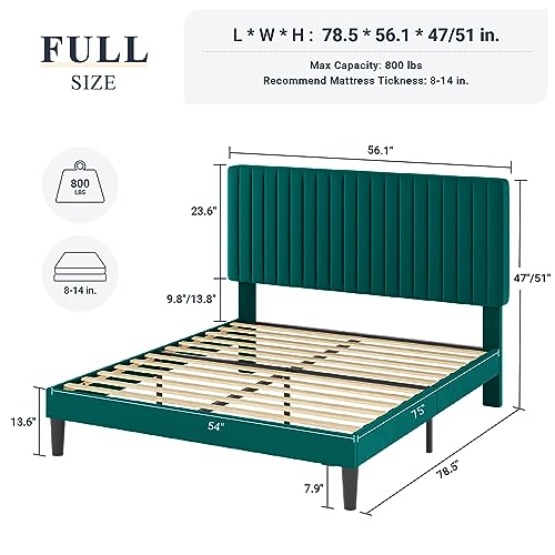 Image of Allewie Full Bed Frame, Velvet Upholstered Platform Bed with Adjustable Vertical Channel Tufted Headboard, Mattress Foundation with Strong Wooden Slats, Box Spring Optional, Easy Assembly, Teal