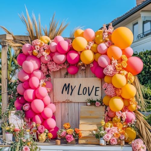 Image of Yellow Pink Balloon Garland Double Stuffed Light Baby Pink Peach Balloons Different Sizes Pastel Coral Balloon Arch Kit for Birthday Baby Shower Wedding Love Wildflower Spring Party Decorations