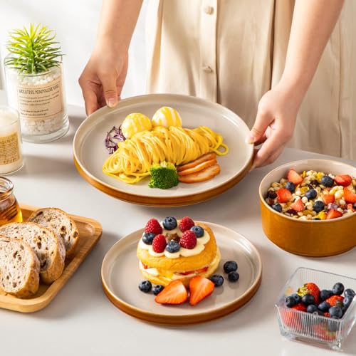 Image of vancasso ONION Ceramic Plates and Bowls Sets, 24 Pieces Grey Dinnerware Sets for Kitchen, Reactive Glaze Dishes Set for 8, Dishwasher and Microwave Safe