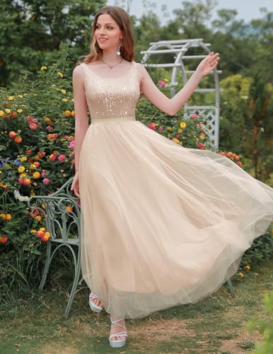 Image of BeryLove Sequin Dress for Woman Vintage A Line Wedding Formal Swing Mesh Dress Sleeveless Cocktail Maxi Gowns