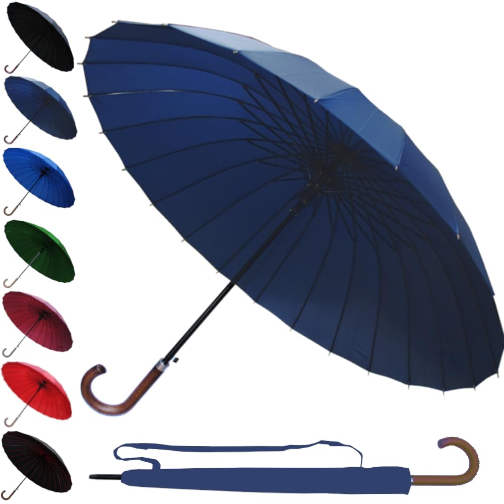 60MPH Windproof 24 Rib Large Strong Umbrella - XL Automatic Heavy Duty Golf Umbrella For Rain and Wind - 3 Layer Frame - Wooden Hook Handle - Best for Most Ribs