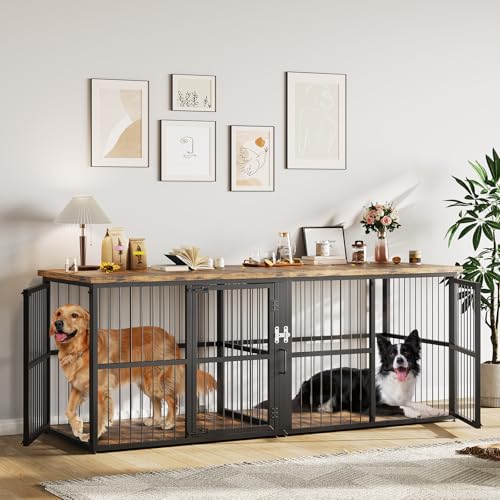 Garvee 87 in Extra Large Double Dog Crate Furniture with Divider Heavy Duty Indoor Double Dog Cage with 3 Doors XXL Wooden Pet House TV Stand for 2 Pets Black+Brown