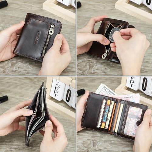 Contacts Full Grain Leather Small Wallet for Women and Men RFID Blocking Card Holder Slim Bifold Coin Purse Mini Pocket Wallet (Brown)4