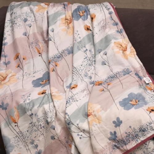 Image of LORETO - A QUALITY LINEN BRAND 100% Cambric Cotton Double Dohar 88 x 90 Inches, 3-Layer AC Blanket with Soft Cotton Flannel Filling, Summer Quilt, Reversible, Blush Breeze Floral - Blue & Peach