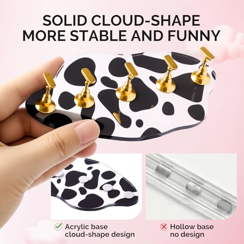 Image of MelodySusie Update Nail Stand for Press Ons, 2 Spotted Cloud Magnetic Bases for Practice Painting Display Practice with Brush Holder and Reusable Double-Sided Tape for Home DIY Salon Supplies