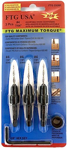 Image of FTG USA #4 (7 /64 inch) Wood Countersink Drill Bit 3-Pc Set with 3 /8 inch Depth Stop