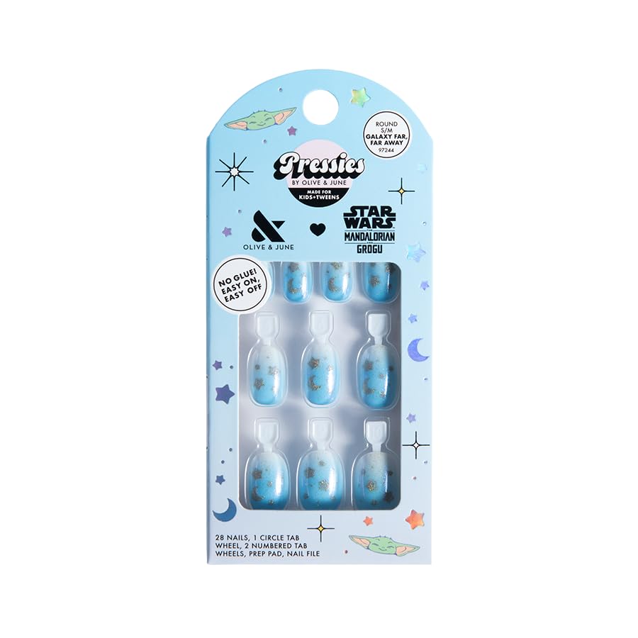Olive & June Pressies Kids Press-On Nails (No Glue) | Star Wars: The Mandalorian & Grogu | 28 Fake Nails 14 Sizes 1 Nail File | Easy On-Off Mani Non-Toxic Tabs | S/M Round | Galaxy Far Far Away