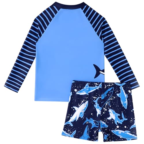 AIWUHE Toddler Boys' Rash Guard Swimsuit Two Piece Short Sleeve Bathing Suit and Swim Trunk Set Dinosaur Swimwear with Hat2