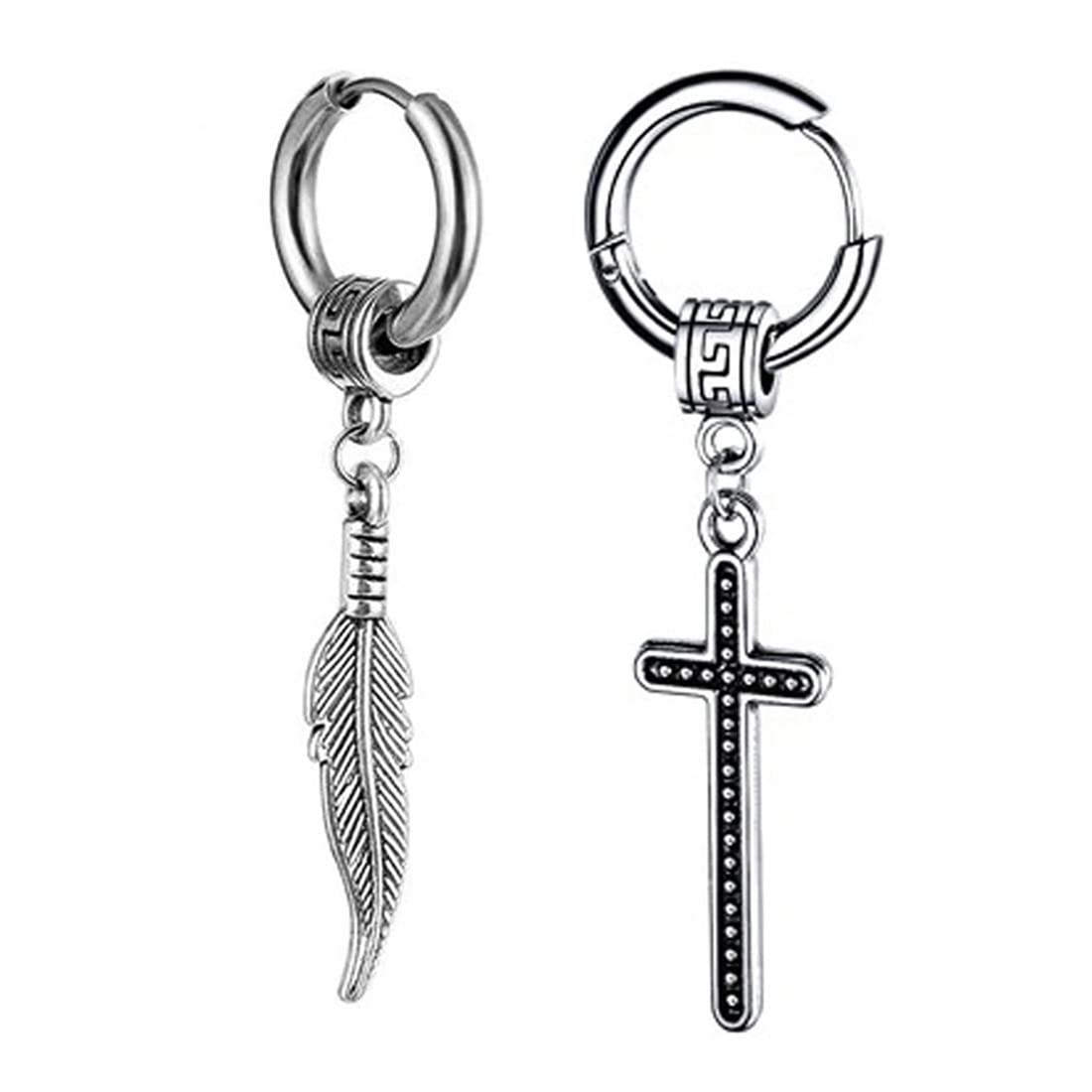 M Men Style Men Jewellery Feather And Christ Jesus Cross Huggie Punk Titanium Steel Silver Stainless Steel Hoop Earrings For Men And Women (B0B15CKLY7) Amazon Price History, Amazon Price Tracker