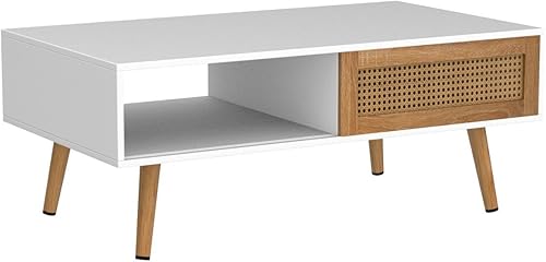 Miniatura 4 de Mesa de centro moderna de mediados de siglo con almacenamiento, mesa rectangular de madera de 41.3 pulgadas con panel de puerta deslizante de ratán