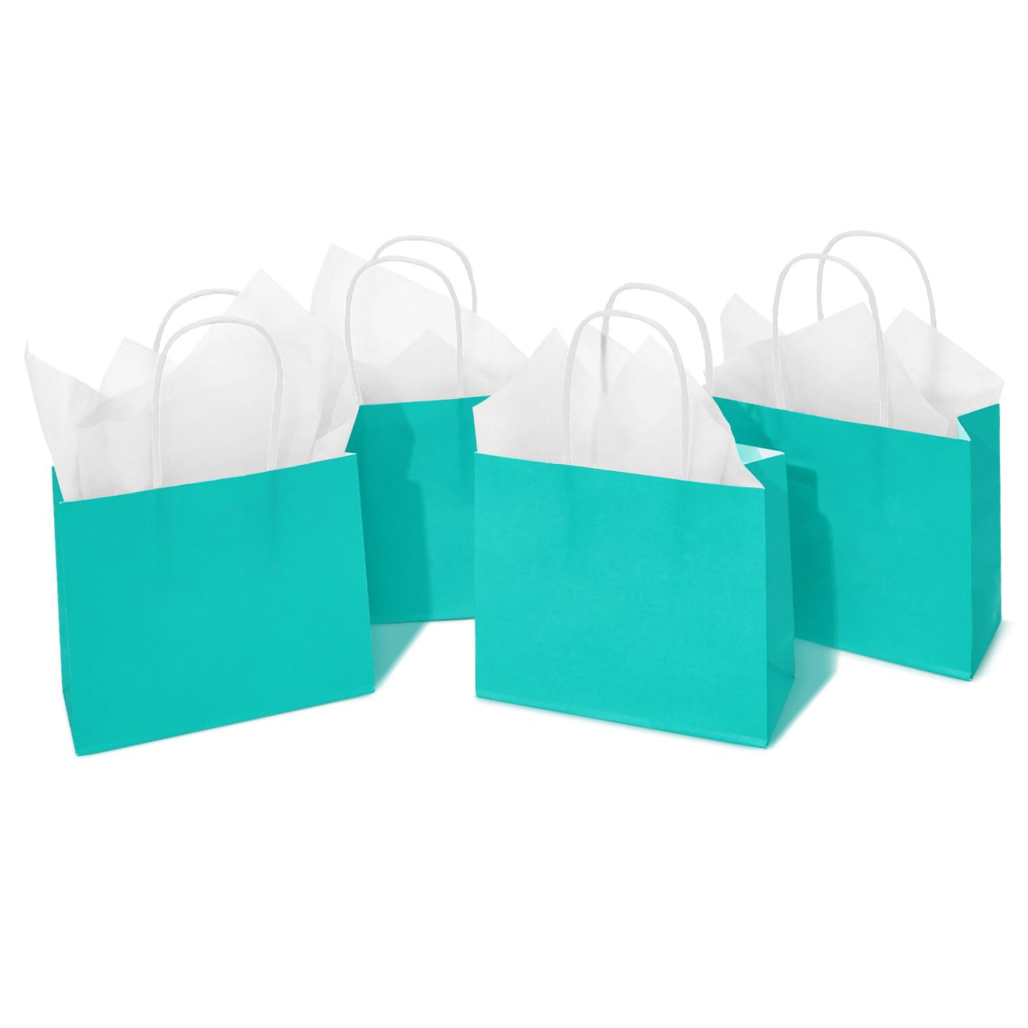 DjinnGlory 24 Pack Mini Tiny Teal Paper Gift Bags (Turquoise Aqua Blue) with White Tissue Paper for Summer Pool Party Supplies, Small Merchandises, 6x5x2.5 Inch