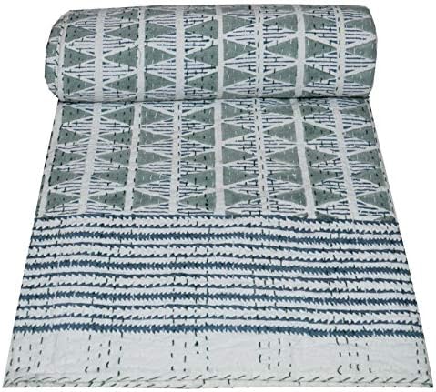 YUVANCRAFTS Indian Hand Block Floral Print Kantha Quilt Handmade Vintage Queen Size Cotton Kantha Throw Blanket Bedspread (Multi Color, Queen Size)