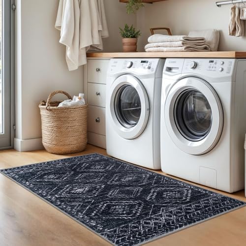 KILOCOCO Boho Entryway Rug 3x5 Area Rug Washable Non Slip Throw Rugs Soft for Kitchen Living Room Dining Bedroom Geometric Moroccan Carpet, Black