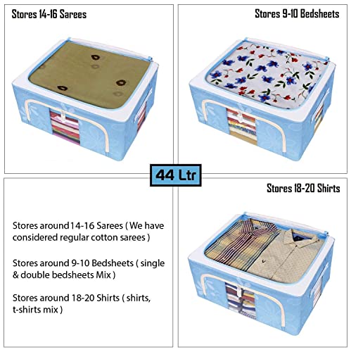 Image of TEKCOOL Foldable Steel Frame Clothes Organizer Storage Box for Wardrobe, Saree, Shirts, and Blankets (44 Ltr - Pack of 4, Oxford Fabric).