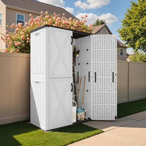 Image of Devoko 50 Cu Ft Plastic Outdoor Storage Cabinet, White | Vertical Resin Storage Shed with Lockable Door, Waterproof Shed for Patio Furniture Pool Toy, Garden Tool, Shelf Not Included