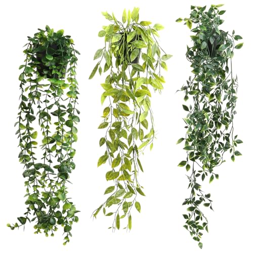 MXTIMWAN 3 Piezas Plantas Artificiales Colgantes, Plantas Colgantes Artificiales con Maceta, Plantas Falsas Mandala en Maceta para Oficina, Jardín, Sala de Estar y Decoración de La Pared