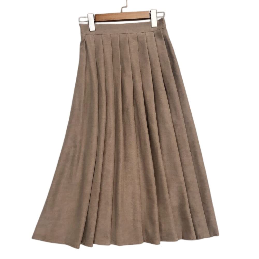 OZEO Röcke Damen,Damen Midirock Braun Hohe Taille Einfacher Cord Faltenrock Schlicht A-Linie Swing Geraffte Lässige Lange Röcke Für Mädchen Damen Herbst Winter,M