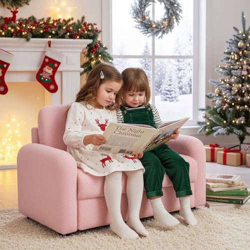 Image of INFANS Kids Sofa, 2 Seat Soft Thick Upholstered Couch with Plush Fabric Solid Wooden Frame, Armrest Chair Lounge for Playroom Kids Boys Girls