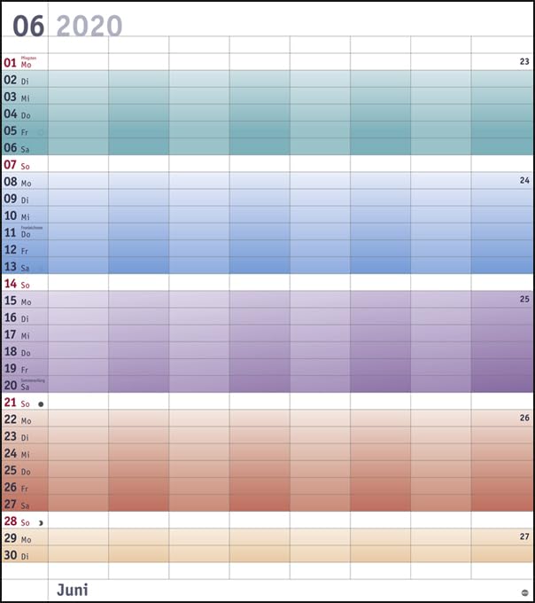 Bunte Wochen Planer XXL. Wandkalender 2020. Monatskalendarium. Spiralbindung. Format 40 x 45 cm