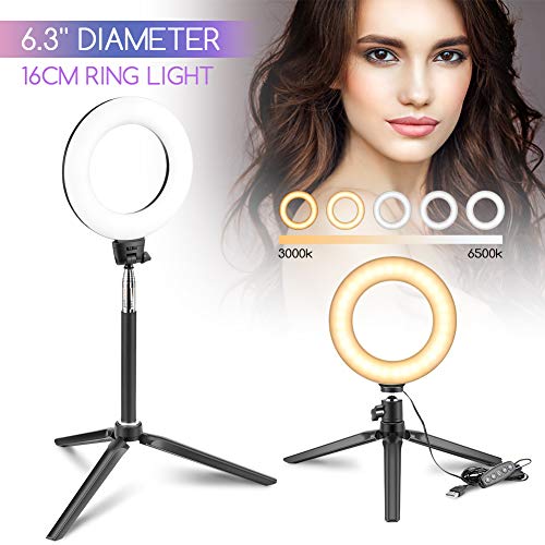 16CM LED Ring Light, 6.3" Dimmable Desk Makeup Ring Light with Tripod Stand