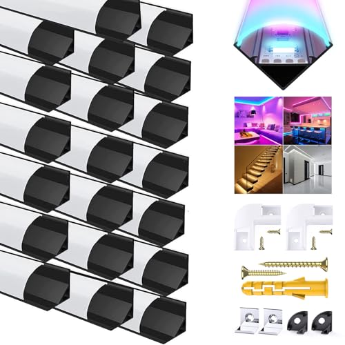 Lot de 20 profilés LED en aluminium en forme de V, 6 packs de canaux profilés d'angle avec couvercle blanc laiteux, embouts, clips de montage et connecteurs d'angle à 45 degrés pour diffuseur de rail