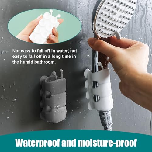 Casbomy 4 Stück Duschkopfhalterung Ohne Bohren Handbrause, Duschbrause Halterung mit Bionische Saugnapf, Duschkopf Silikon Halterung, Abnehmbarer Positionierbare Wand Duschkopfhalterung(Weiß und Grau)