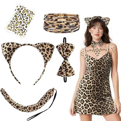Ayucanpeng 6 pièces Costume de léopard pour femme,Ensemble de Costumes Léopard,cravates,bandeau,bracelets, 2 autocollants,queue, pour Halloween Carnaval...