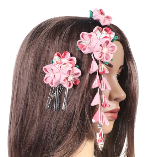 Lurrose clips para el cabello japoneses estilo kimono con flores, set de 3 piezas rosa metálico para mujer miniatura 4