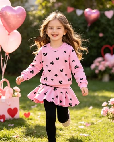 Image of Little Girls Outfits Clothes Toddler Long Sleeve Heart Print Hoodie Shirts Top + Leggings Kids Clothing Set