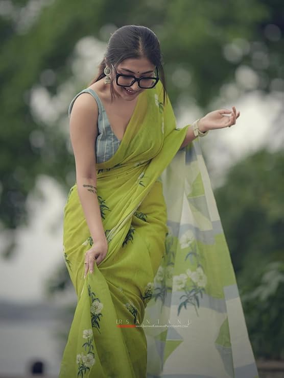 Image of RAJESHWAR FASHION WITH RF Women's Lime Green Floral Print Linen Cotton Saree with Contrast Pallu, Tassel Border, Traditional Summer Festive with Blouse Piece