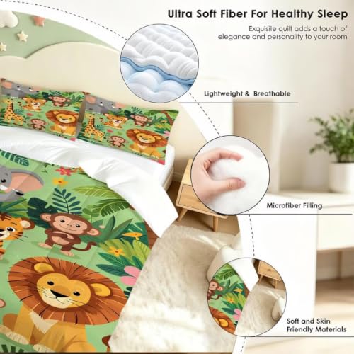 Image of Cute Animal Comforter Set Twin Size Zoo Jungle Bedding Sets for Boys Girls Kids Teens Bedroom Cartoon Elephant Monkey Giraffe Lion Tiger Quilt 1 Comforter 1 Pillowcase