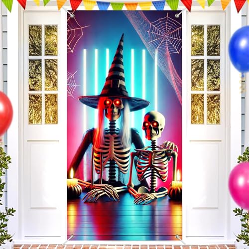 Image of BlissYard Halloween Door Cover Skeleton Witch Hat 35x71 Inch Polyester | Door Banner, Wall Decor | Skeleton Entry Accent, Witch Hat Backdrop | Porch, Hallway, Party (Spooky Art)