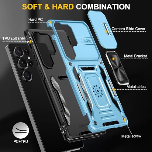 Image of Polycarbonate Slide Camera Cover with Ring Holder Mobile Phone Back Cover for Samsung Galaxy S25 Ultra (Blue)