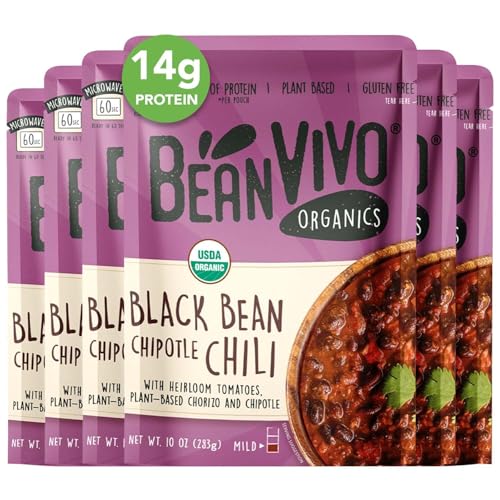 BeanVIVO (Pack of 6) Organics Plant based Black Beans Chipotle Chili - Good Source of Fiber - Nutritious & Microwave Meals - Gluten-Free Plant Food - 10 oz