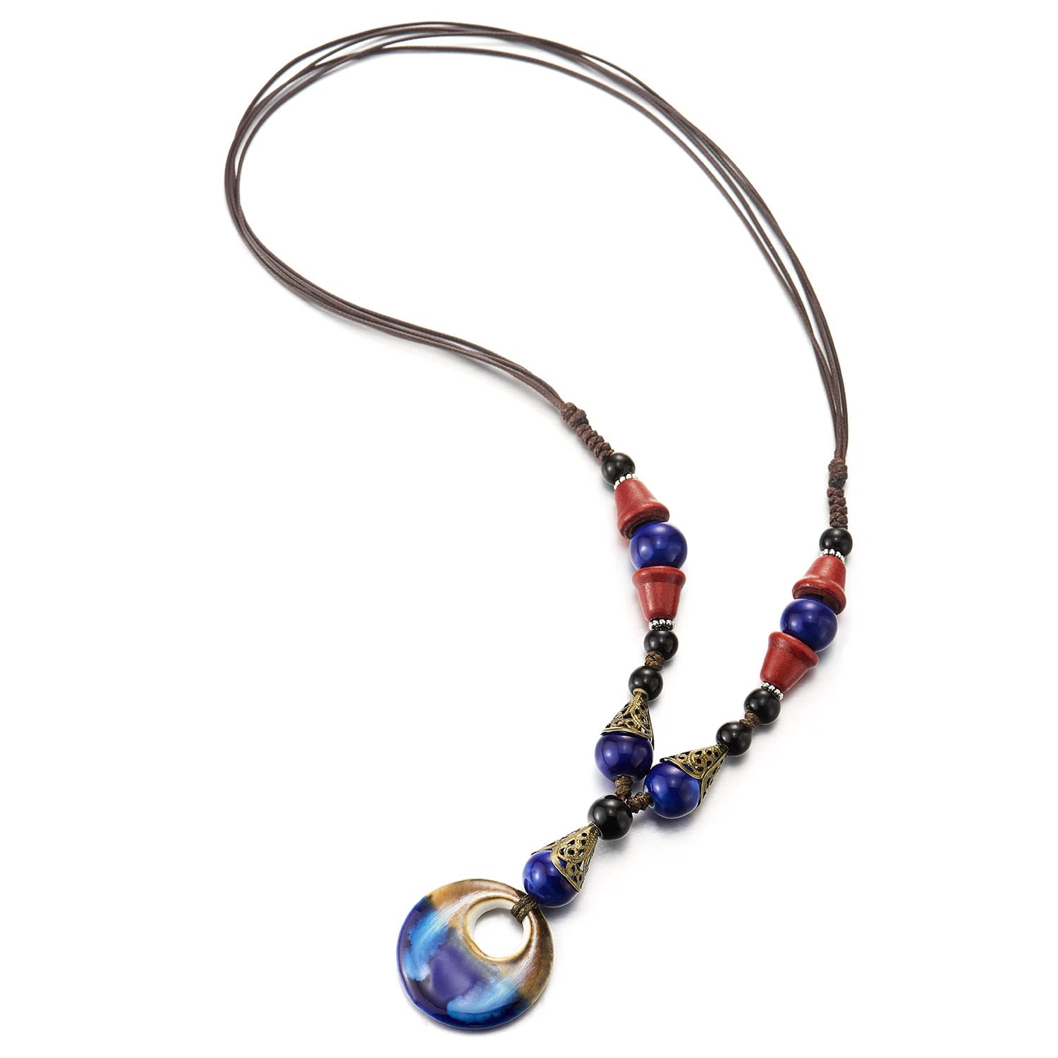 COOLSTEELANDBEYOND Boho Etnico Largo Statement Declaración Collar Madera Cuentas Piedras Cadena con Colgante Oval Colgantes
