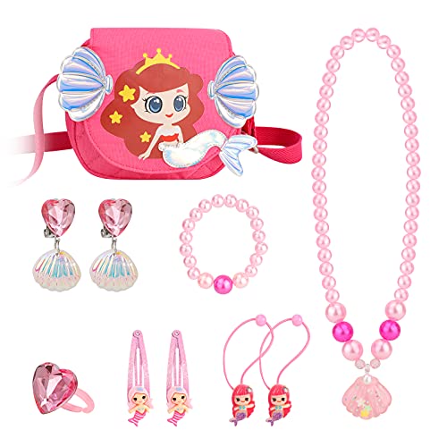 Hifot Sirena Bolso para Niños Niñas, Mermaid Joyas Collar Pulsera Anillo Pendientes Gomas del Pelo Pinza Set, Princesa Regalo Fiesta Accesorios Vestido