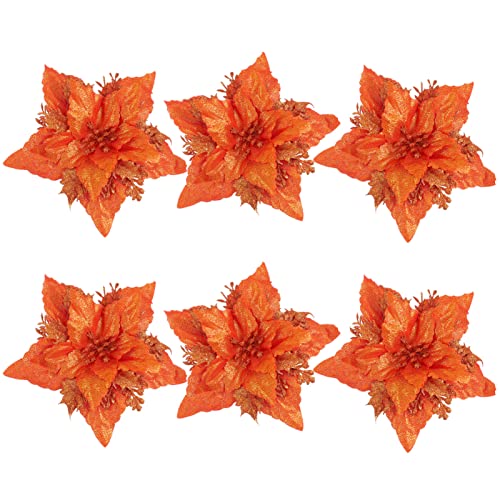 TOYANDONA 6 Pieces Glitter Poinsettia Flowers Christmas Tree Ornament Artificial Xmas Flowers Fake Flower DIY Wreath Festival Wedding New Year Christmas Decor (Orange)