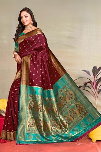Image of C J Enterprise Women's Pure Kanjivaram Silk Saree Paithani Soft Wedding Sarees With Blouse Piece (Chand paithani)