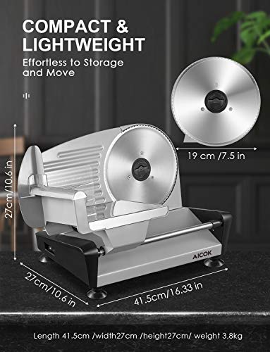 AICOK Meat Slicer Electric Deli & Food Slicer with 7.5\" Removable Stainless Steel Blade, Adjustable Thickness Dial(0-15mm) Cuts Meat, Cheese, Bread, Include Food Pusher and Non-Slip Feet For Home Use