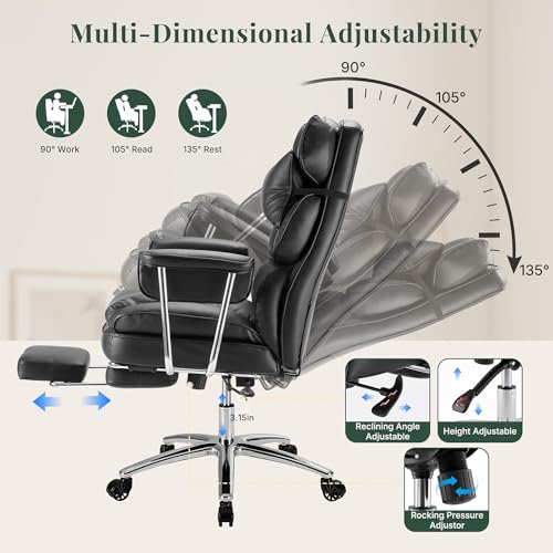 Image of Executive Ergonomic Office Chair, PU Leather High Back Reclining Office Chair with Footrest and Lumbar Support, Height Adjustable Rolling Swivel Computer Chair for Home Office,Black