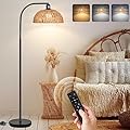 Rattan Floor Lamp- Boho Standing Lamp with Remote Control and Dimmable Bulb, Hand-Worked Adjustable Rattan Shades, Black Farmhouse Tall Lamp, Boho Arc Floor Lamps for Living Room, Bedroom, Office