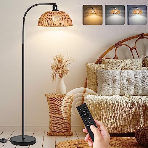 Image of Rattan Floor Lamp- Boho Standing Lamp with Remote Control and Dimmable Bulb, Hand-Worked Adjustable Rattan Shades, Black Farmhouse Tall Lamp, Boho Arc Floor Lamps for Living Room, Bedroom, Office